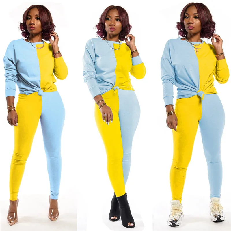 

Женский осенне-весенний контрастный Дизайнерский Костюм из 2 предметов, футболка с длинным рукавом и круглым вырезом, пуловер и узкие брюки,...