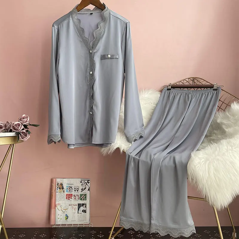 

Pajamas Suit Spring Autumn New Sleepwear Casual Women 2PCS Sleep Set Lace Nightwear Satin Pyjamas Sleep Set Intimate Lingerie
