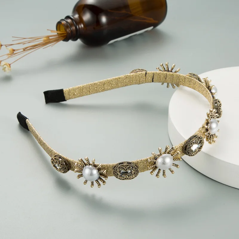 

2021 Korean New Style Headband Simple Fashionable Golden Pearl Flower Headwear European American Thin Side Retro Hairband