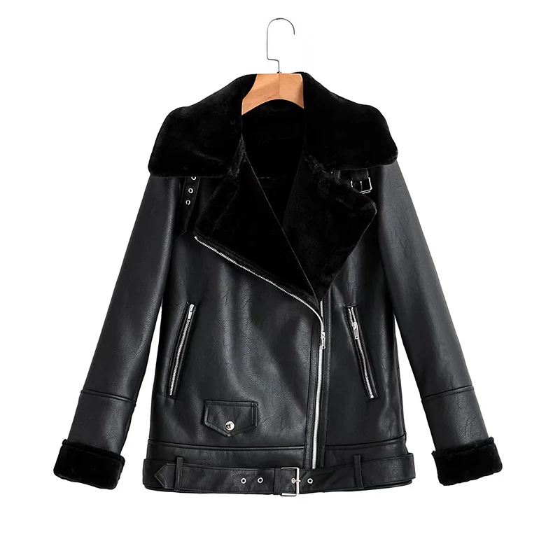 

Winter Women Streetwear Turndown Collar Faux Soft Leather Fur Jacket Moto Biker Thick Warm Pu Leather Coat with Belt