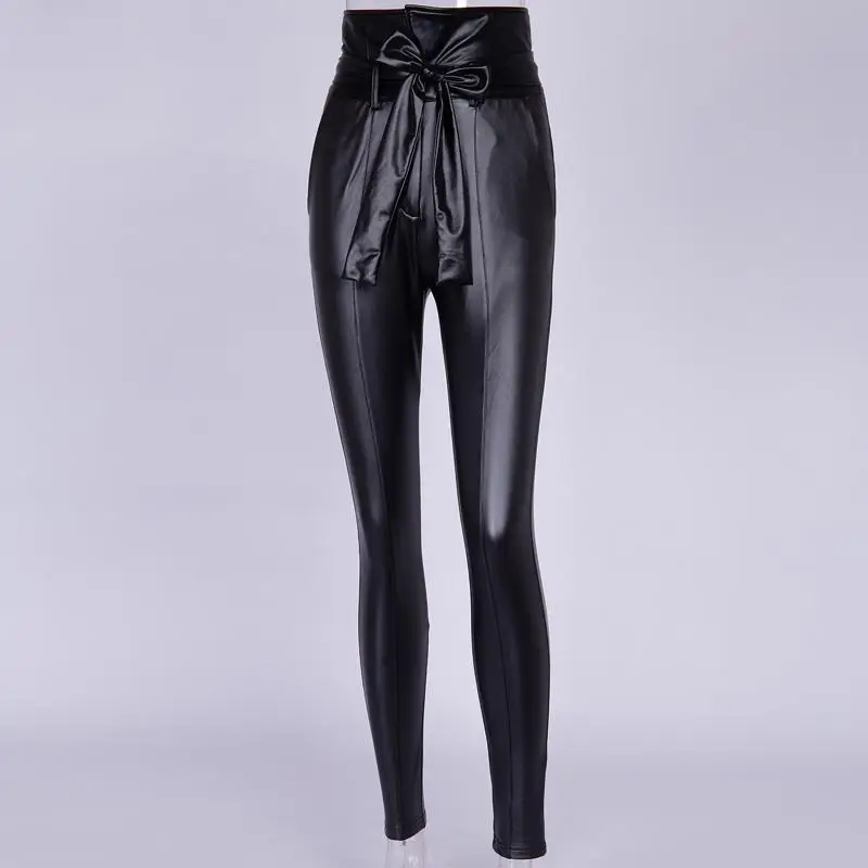 

2021 Gold Black Belt High Waist Pencil Pant Women Faux Leather PU Sashes Long Trousers Casual Sexy Exclusive Design Fashion