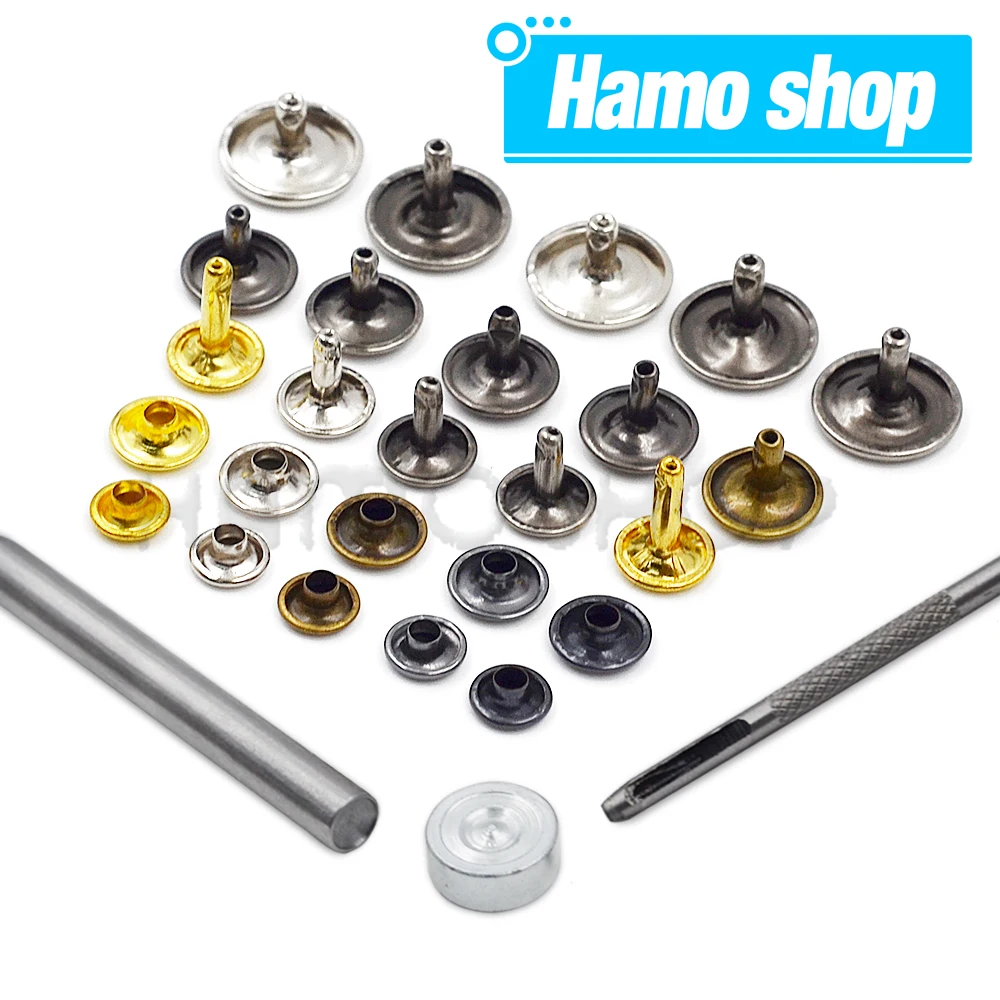 

100Sets 5-15mm Metal Double Cap Rivets Stud Round Nail Rivet With Tool For Leathercraft Accessories Shoes Bag Belt Cloth Garment