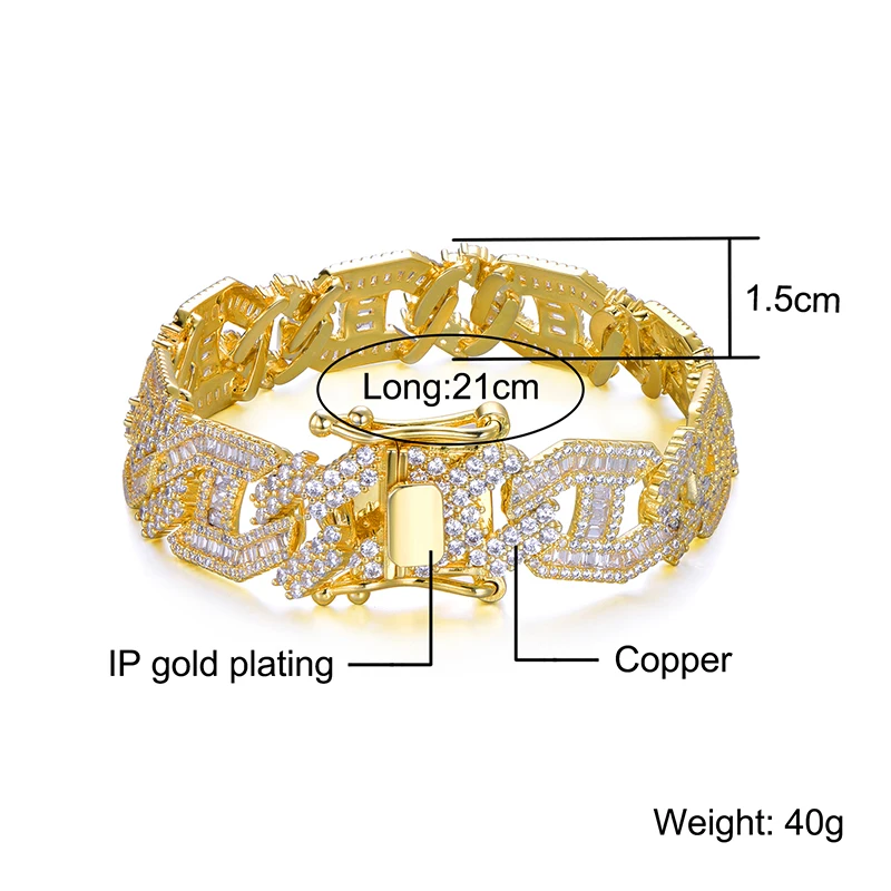 Hip Hop 15MM Heavy Miami Baguette Zircon Iced Out Cuban Link Necklace AAA CZ Prong Setting Necklaces Hip Hop Jewelry 18'' 24''