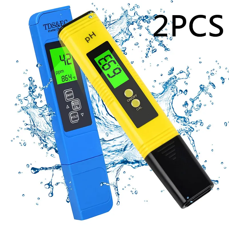 2Pcs TDS Meter Digital Water Tester Digital 0.0-14.0 PH Meter Tester 0-9990ppm TDS&EC LCD Water Purity PPM Aquarium Filter