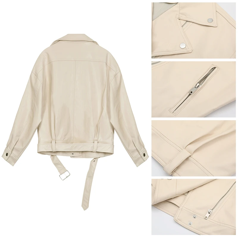 

2021 Solid Color Jackets Ladies Loose Casual Jacket New Spring Women Pu Leather Motorcycle Jacket Female With Belt