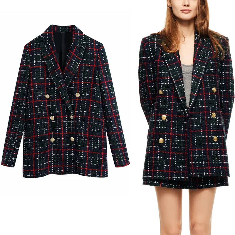 

Spring Za Woman 2020 Black Tweed Plaid Blazer Long Women Office Double-Breasted Blazer Vintage Metal Button Female Coat Oversize