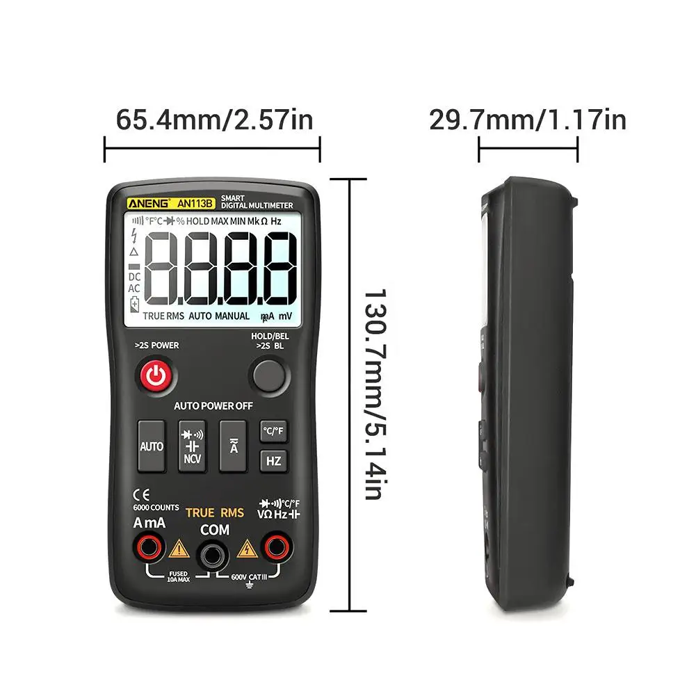 

AN113B Multimeter 6000 Counts Digital Multimeter True RMS With Temperature Tester Auto-Ranging AC/DC Transistor Voltage Meter