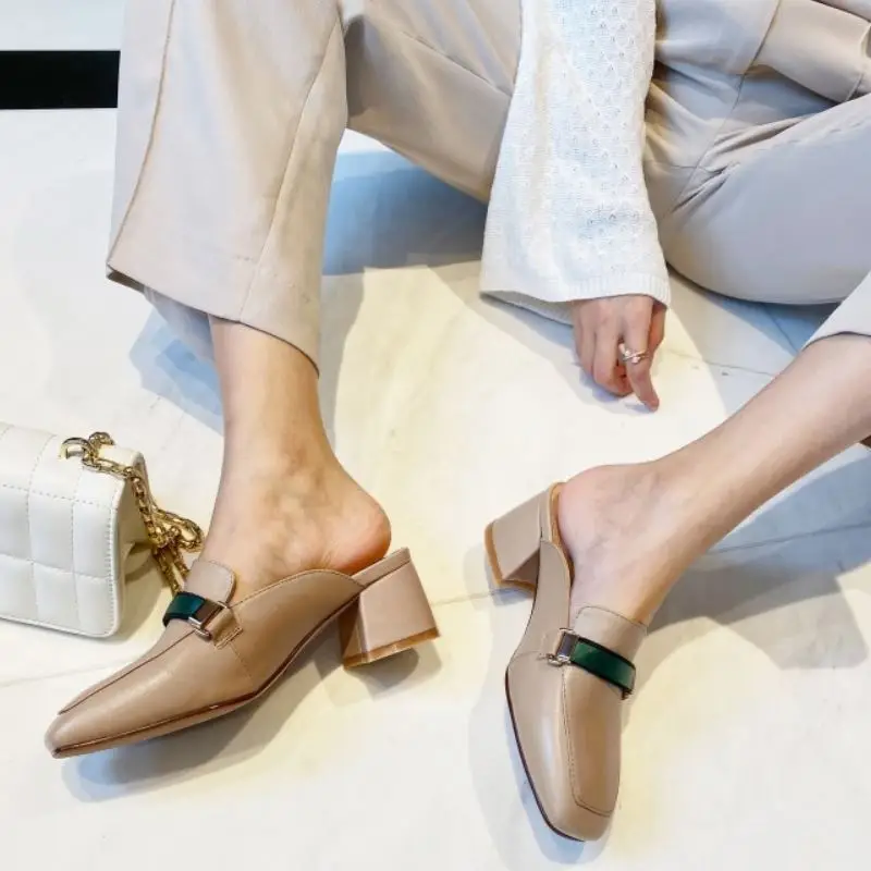 

KemeKiss Women Sandals Shoes Fashion Strap Toe Shoes Women Thick High Heels Slippers Real Leather Metal Footwear Size 33-40