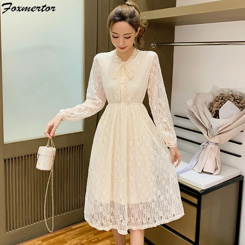 Кружевное женское платье 2021 сладкий осень-зима дли кружевное элегантные модные