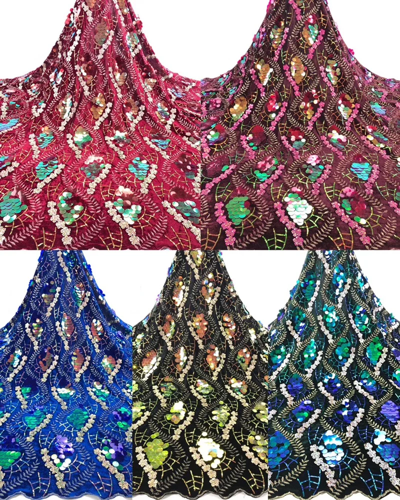 

New Africa Velvet Lace Design Fabric 5 Yards/pcs Nigeria Lace fabric With manual Sequins Used of women's dresses