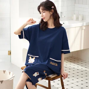 Пижамный комплект женский с коротким рукавом, хлопковый пижамный комплект с милым Кроликом, пижамный комплект с круглым вырезом, M-5XL