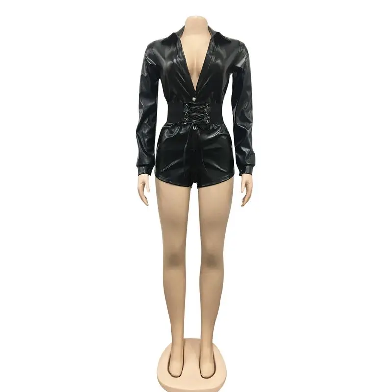 

ZKYZWX Sexy PU Long Sleeve Bodycon Playsuit Bandage Jumpsuit One Piece Sexy Club Outfits for Women Clothes Overalls Lounge Wear