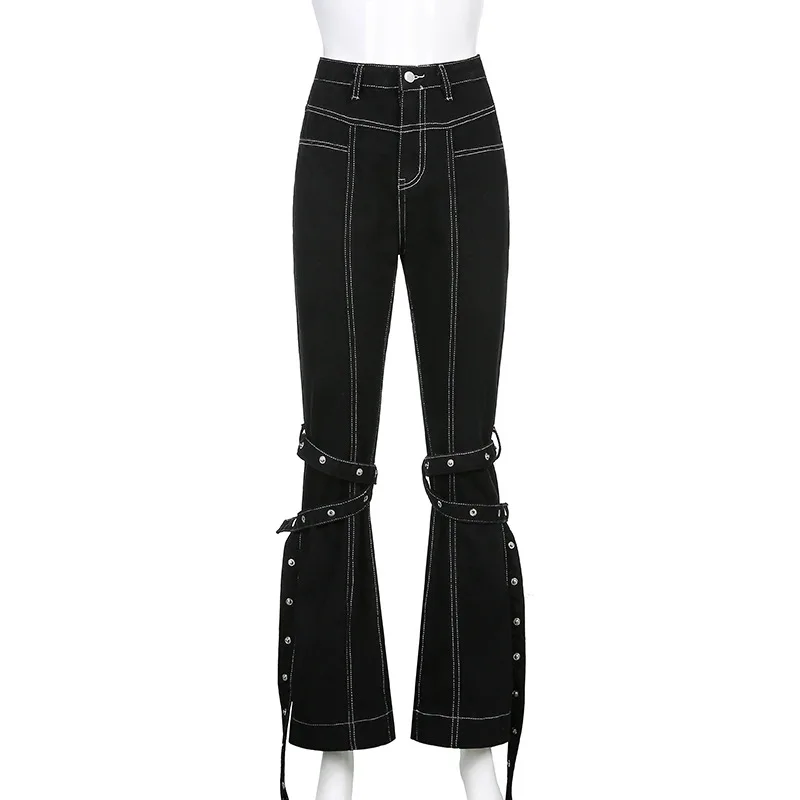 Goth Dark Mall Gothic Grunge Black Jeans Harajuku Punk Wide Leg Women Pants Hip Hop High Waist Bandage Streetwear Rivet Trousers images - 6