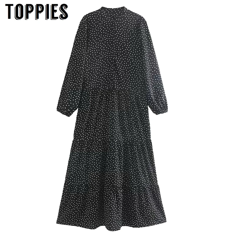 Черное длинное платье в горошек осень 2019 женское свободное с длинным рукавом