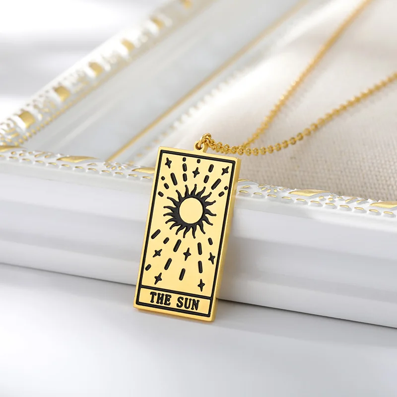 

Fashion Tarot Cards Necklaces For Women Men Stainless Steel Gold Link Chain The Sun Pendant Divination Necklace Jewelry Gift