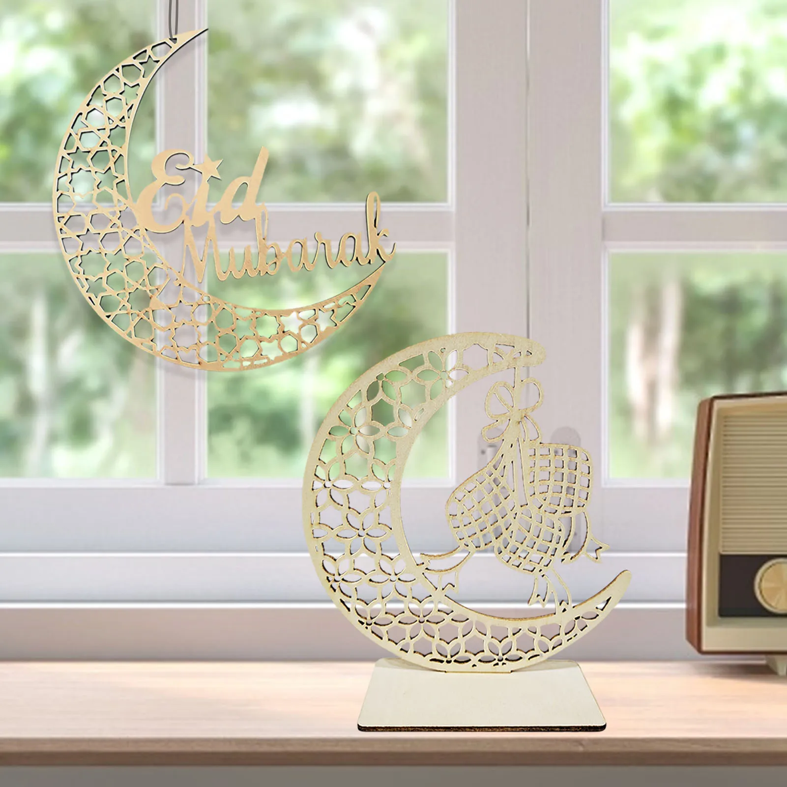 

Eid Mubarak decoration Islamic Ramadan festival moon Wooden Desktop Decor Exquisite Home Hanging Ornament hollow out Sculpture