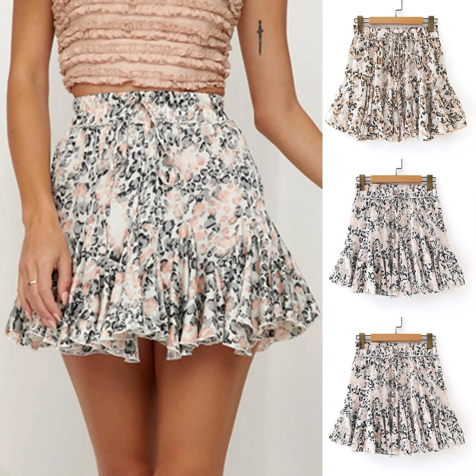 

Summer Leopard Print Boho Sexy Mini Skirt Women Bandage Fashion High Waist Frills Short Skirt For Women Plus Size Pleated Skirts