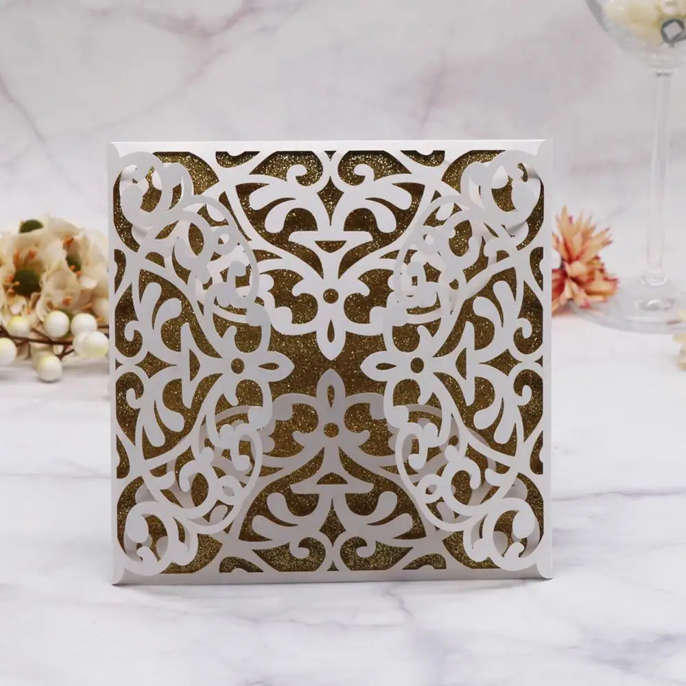 

50pcs/lot Wedding Party Invitations Laser Cut Wedding Cards Four-Fold Lace Bridal Shower Invitation Cards