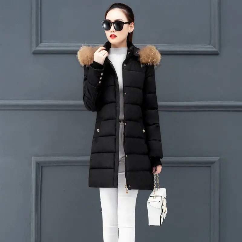 

new women winter bubble coats long padded clothes with fur hoode solid color black jacket puffer warm thick winter parkas