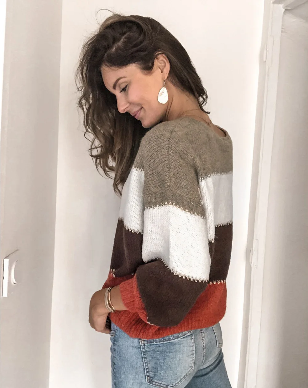 

2021 New Tops Fashion Striped Round Neck Long Sleeve Sweater Top