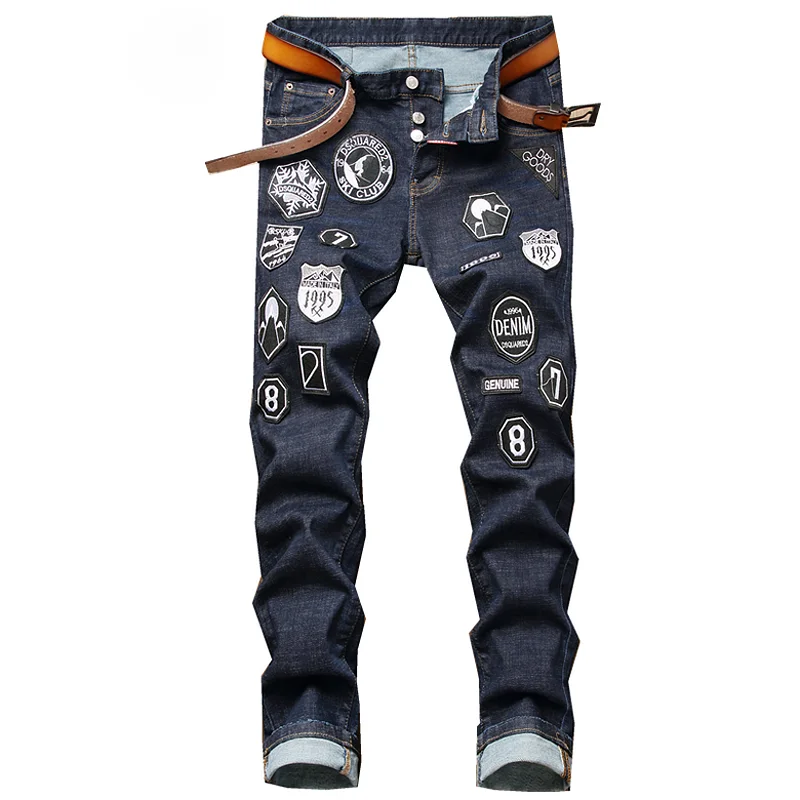 

New Brand Designer Jeans Men's Bottom Denim Pants Black Appliqué Patch Paint Ripped Holes Wild Maple Leaf Icon Personality