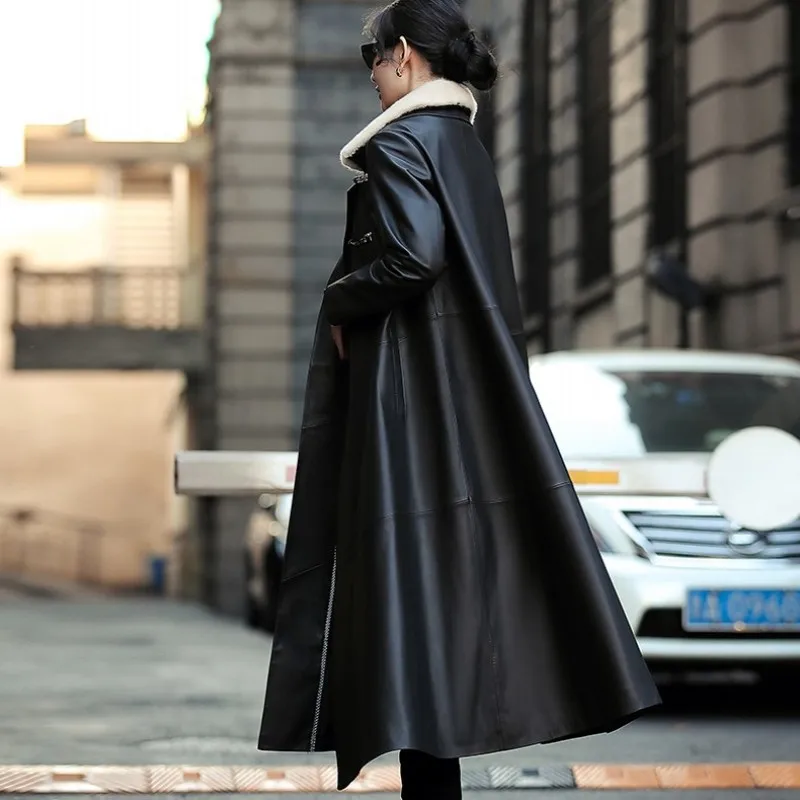 

Leather Luxury Elegant Genuine Long Jacket Female Streetwear Real Mink Fur Collar Sheepskin Windbreaker Winter OL Loose Overcoat