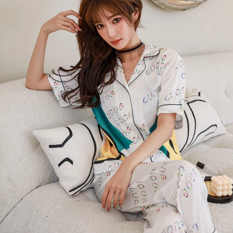 Повседневная Пижама с принтом женская одежда для отдыха атласная сна комплект из