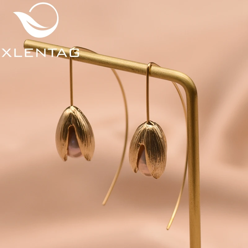 Серьги-подвески XlentAg с натуральным пресноводным жемчугом и цветком тюльпана 925