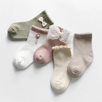 5pairslot kids socks toddlers girls fungus lace bow in tube soft combed cotton elastic baby kniekousen meisje wholesale