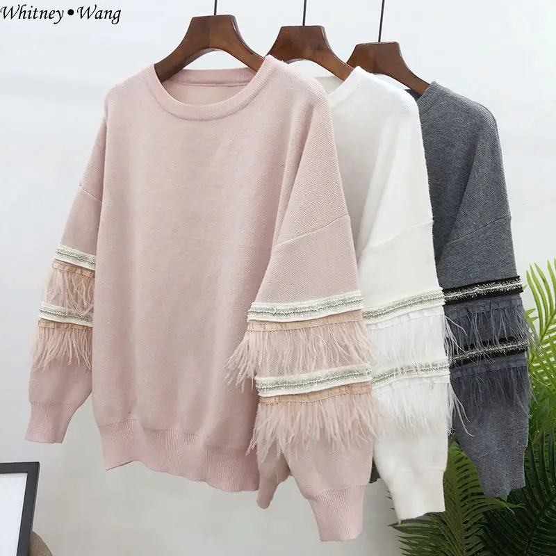 Розовый WHITNEY WANG Sweaters Autumn Winter Fashion Streetwear Feathers Patchwork Sweater Women Jumper sueter mujer invierno - Цвет: Розовый