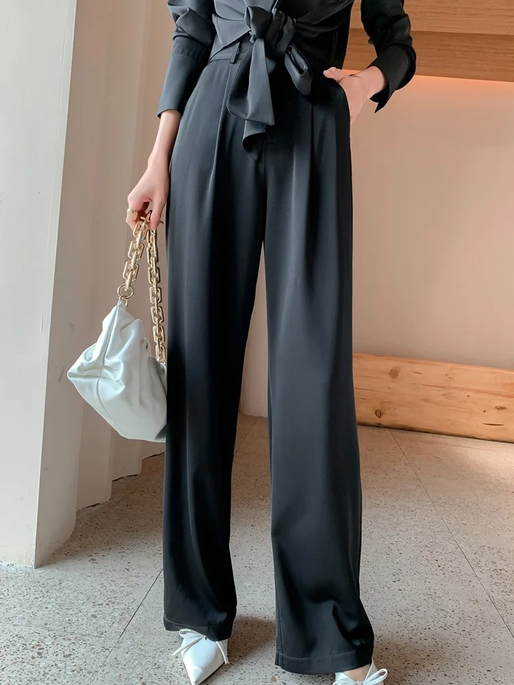 

New style trousers: Acetate Satin like wide leg trousers with sagging feeling and loose Satin Long floor trousers with high