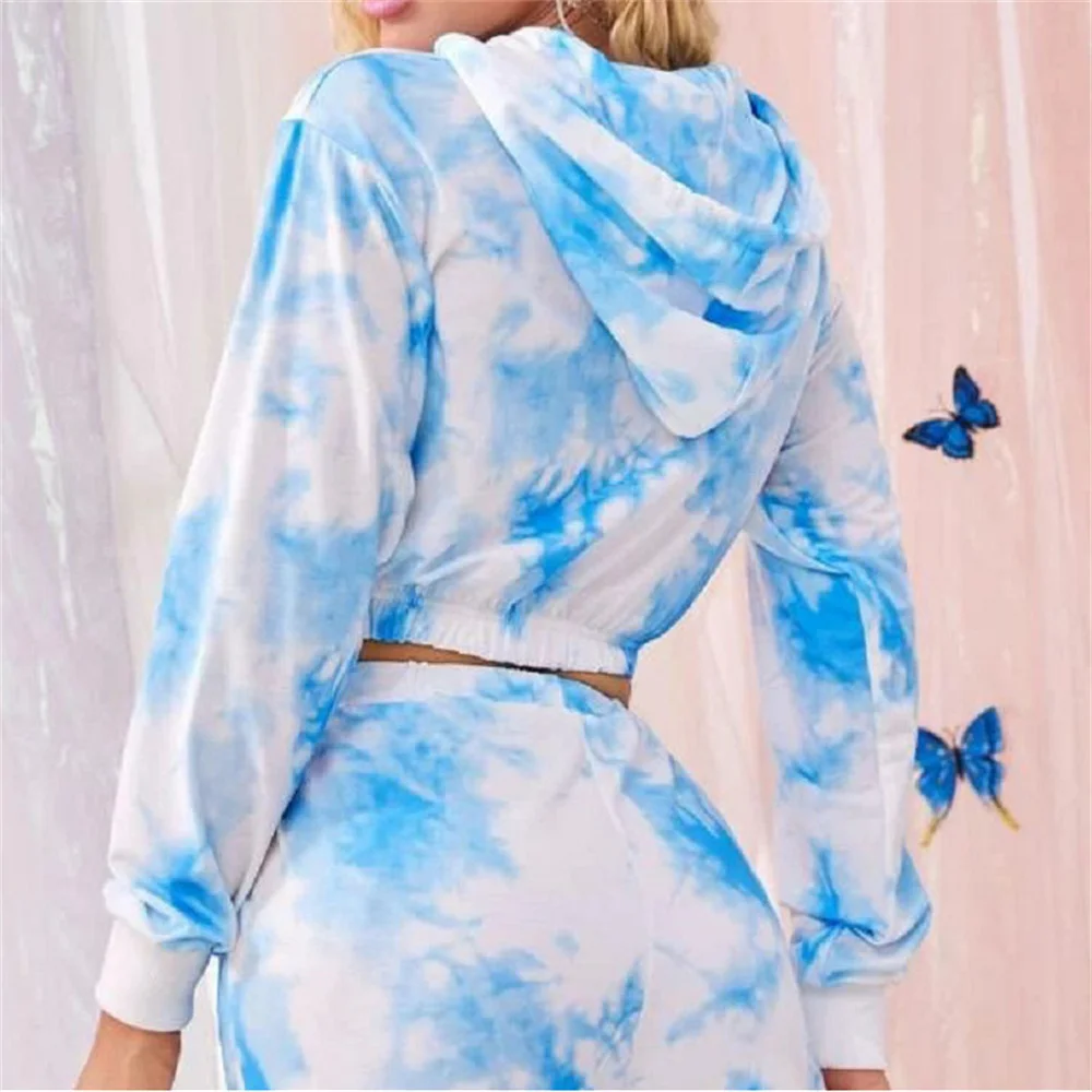 

Women Two Pieces Set Tie Dye Printed Long Sleeve Cropped Hoodied Top and Lace Up Casual Trousers High Street Home Suits
