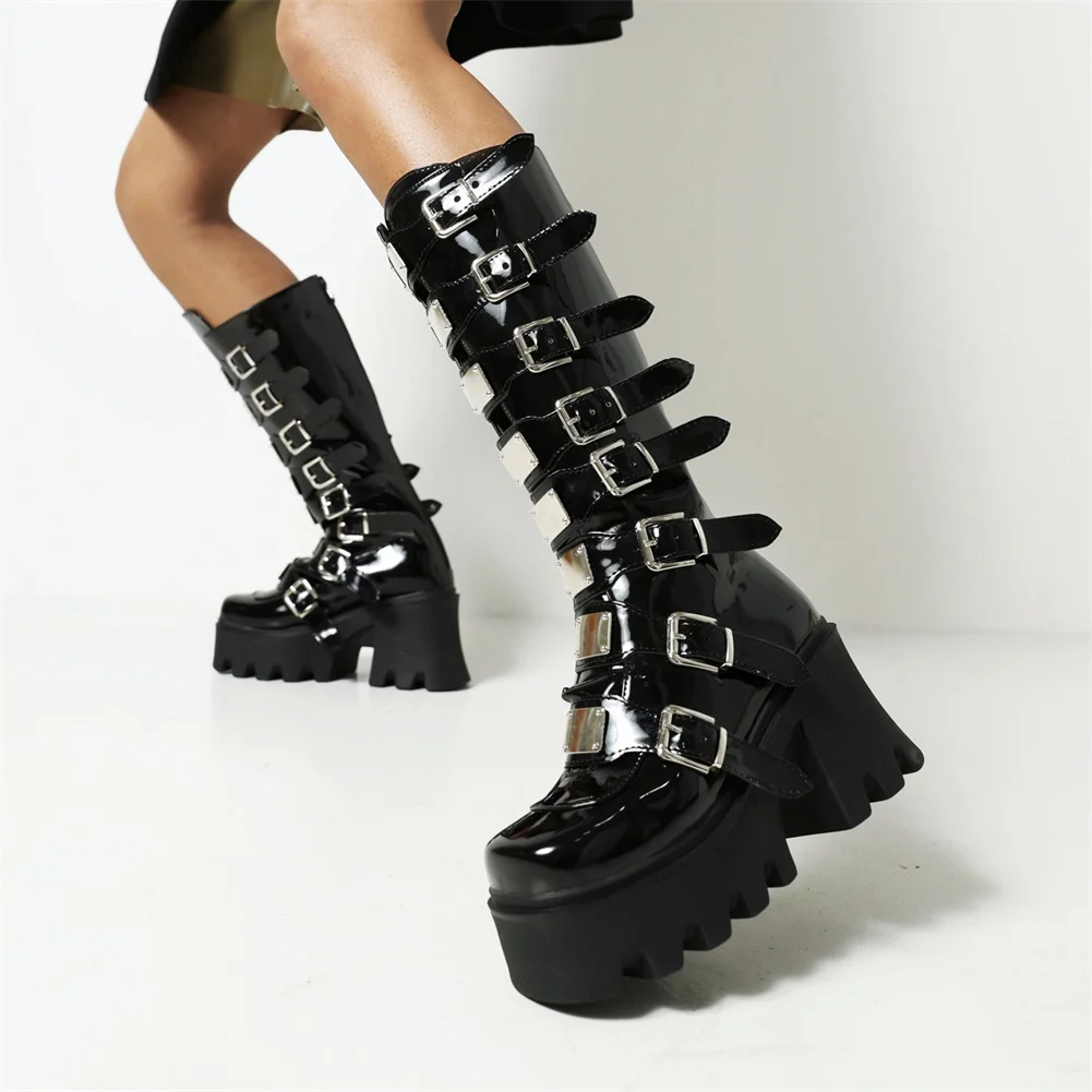 

GIGIFOX Brand New Fashion Black Gothic Style Woman Shoes Buckle Straps Big Size 44 Chunky Heels Plaform Motorcycles Boots