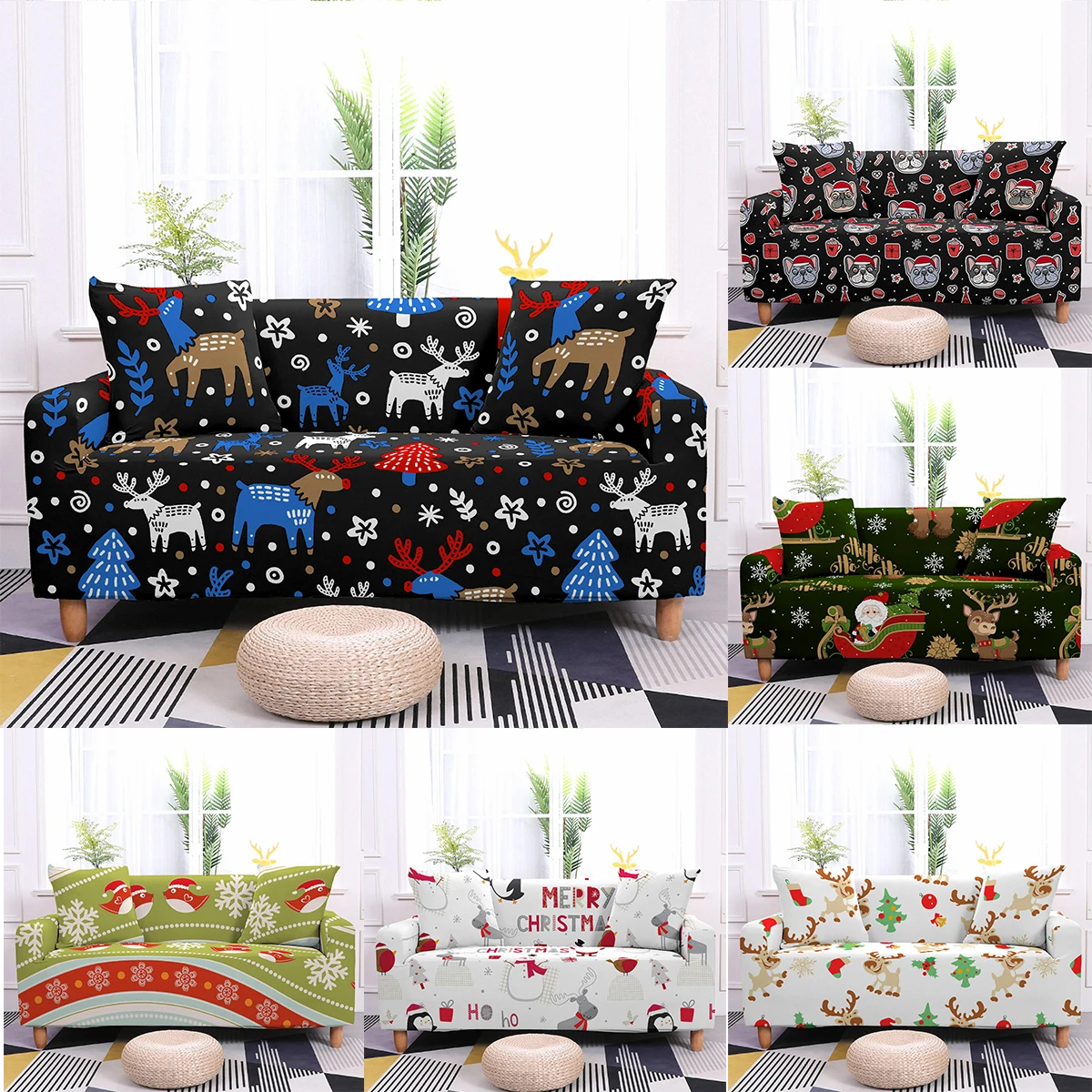 

Christmas Decor Elastic Sofa Cover For Living Room Colorful Cartoon Elk Dogs Corner Sofa Armchair Slipcovers Xmas Couch Covers