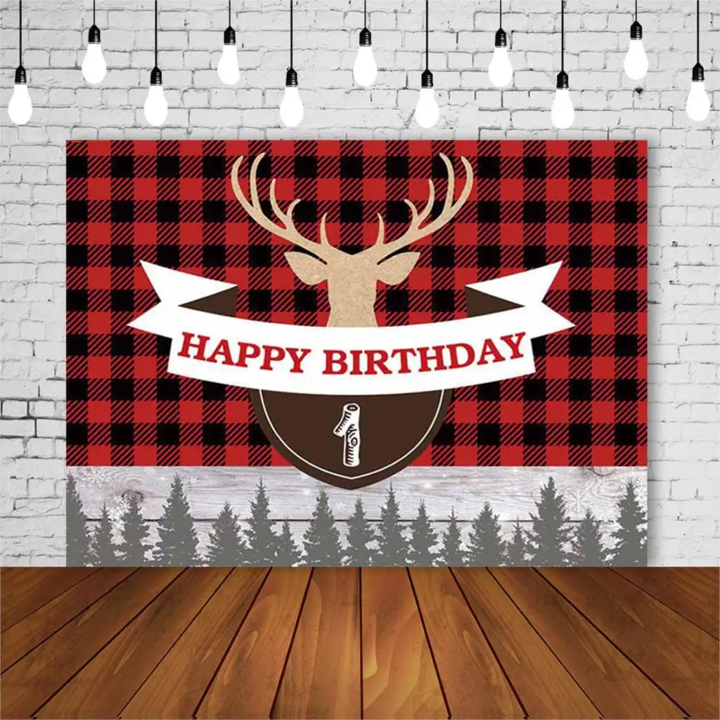 Рождество Лось дети 1 й День рождения фон Рождественская елка красный черный плед