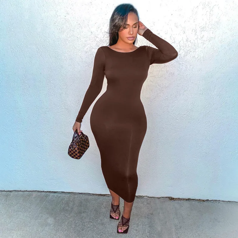 Cryptographic 2021 Spring Sexy Backless Midi Dresses Bodycon Elegant Evening Club Party Birthday Brown Long Sleeve Dress Women