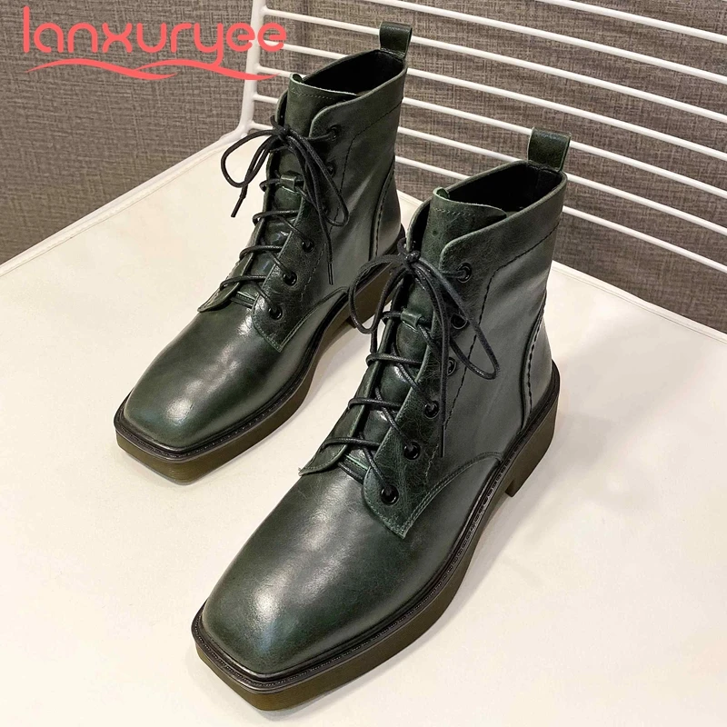 

Lanxuryee 2021 new arrival short boots real cow leather all-match square toe thick med heel lace up daily wear ankle boots L06