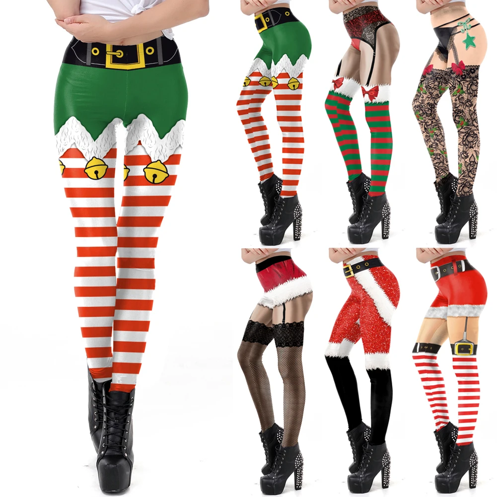 

Women Xmas Christmas Leggings Stretch Hight Waist striped bow Lace bell's belt 3D printing Pants Sports Trousers