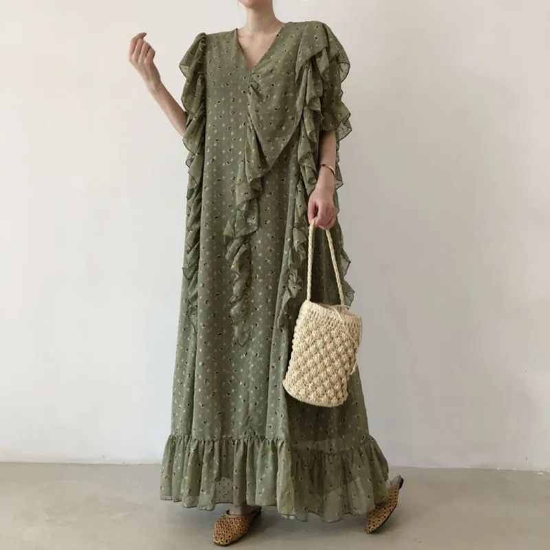 

Hzirip Fashion All-Match Summer New Casual Gentle V-Neck 2021 Ladies Elegant French Print Ruffled Loose Long High Waist Dress