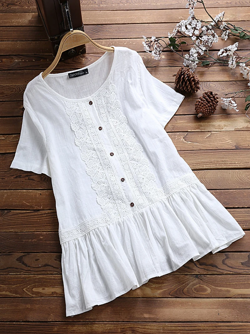 

Women Summer Solid Color Cotton Linen Blouses Ruffles Blouse Female Tops Clothing Loose Elegant Button Lace Blouse Tops S-5XL