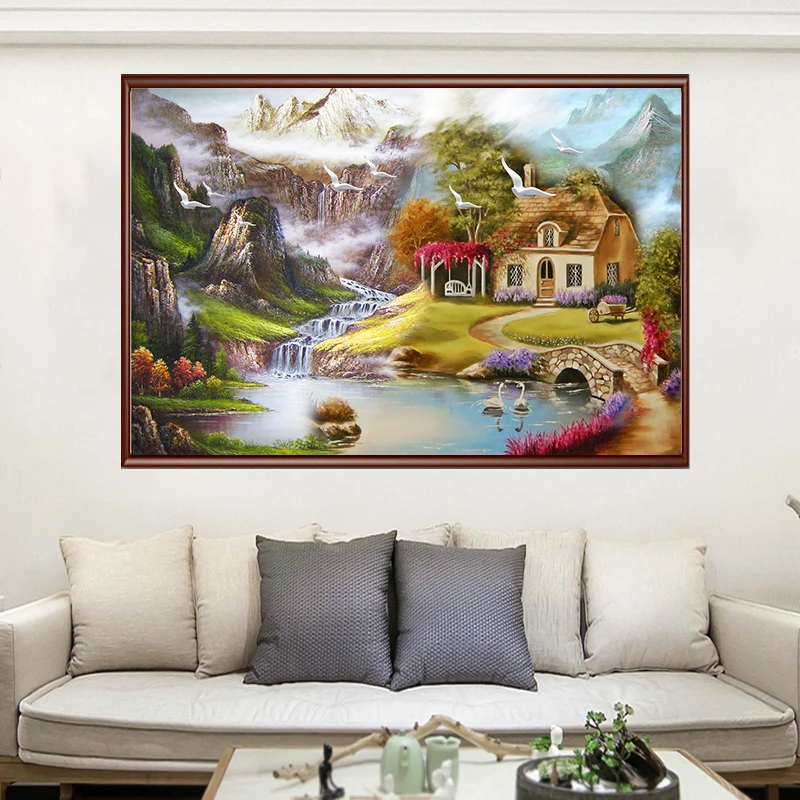 Холст с изображением сказочной хижины горного водопада изображение на стене для