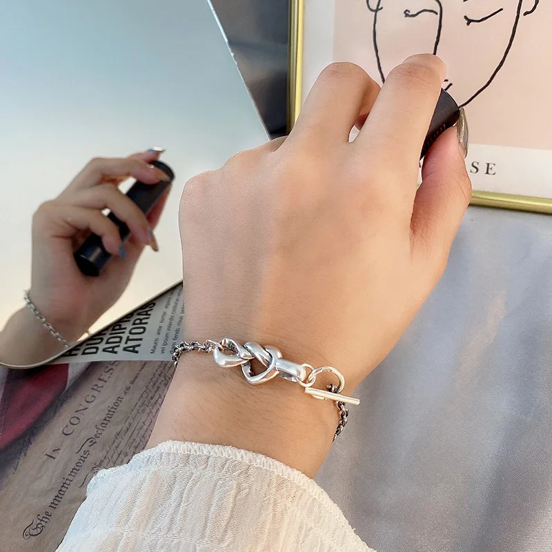 

South Korea Summer New S925 Sterling Silver Knot Love Bracelet Female Ins Fashion Retro Thai Silver All-match Student Bracelet