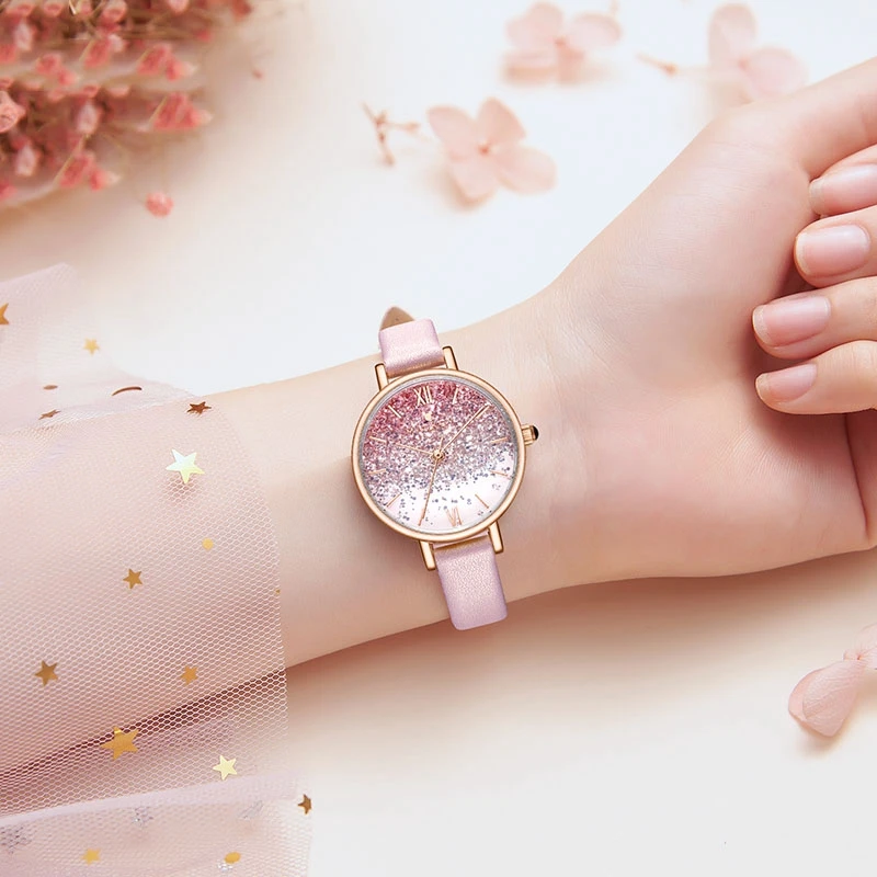 

Luxury Bling Starry Fashion Trendy Youth Women Quartz Watches Girls Casual Wristwatch Ladies Leather Time Kid Gift Cute Clock