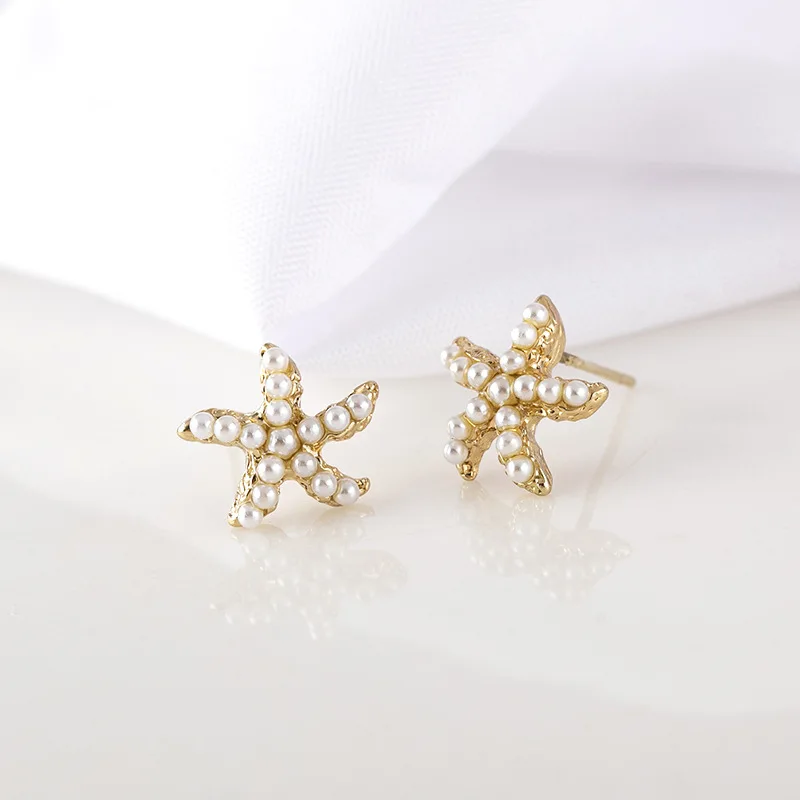 Женские серьги в форме морской звезды металлические с жемчугом ювелирные