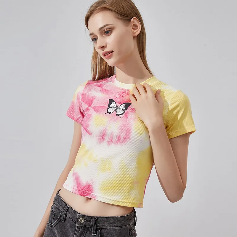 

Women's O-Neck Tie-dyed Butterfly Print Casual Navel Exposed Short-Sleeved T Shirt Tops 2021