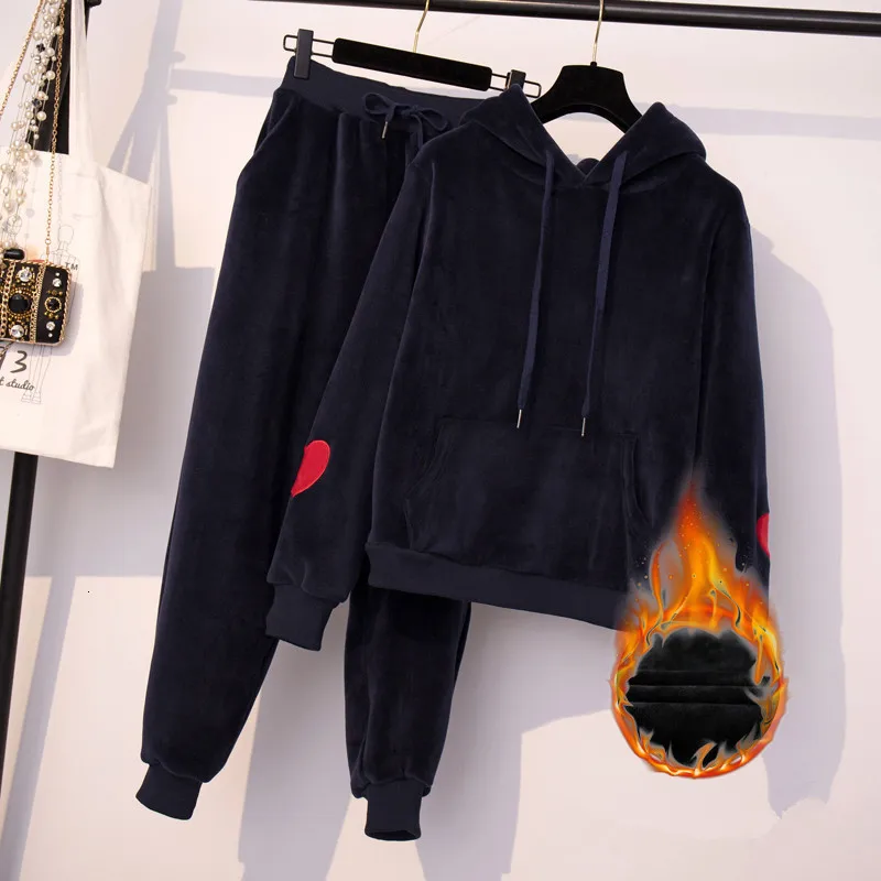Navy Blue Осенне-зимний спортивный костюм, костюмы размера плюс, Женский вельветовый теплый свитер с капюшоном и узором в виде сердечек, комплект из 2 предметов и толстых брюк-карандашей - Цвет: Navy Blue