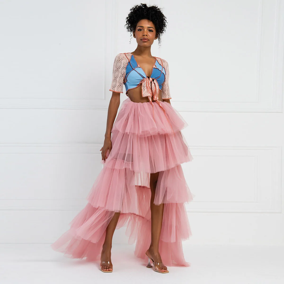 

Light Rose Mini Tulle Skirt High Low Tiered Women Tutu Skirts Pink Floor Length Prom Skirt faldas Custom Made Plus Size