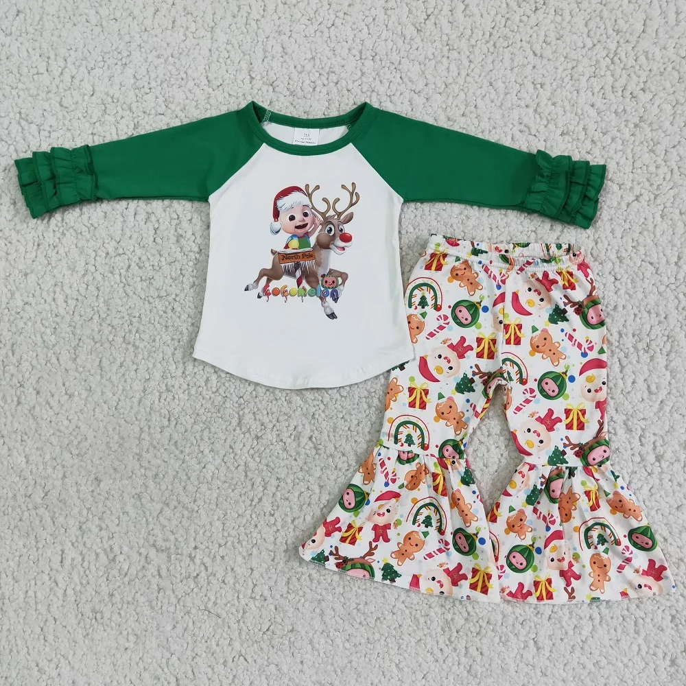 

RTS Лидер продаж, Рождественская Детская одежда, рубашка реглан с мультяшным радужным оленем, штаны с длинным рукавом для девочек на зиму