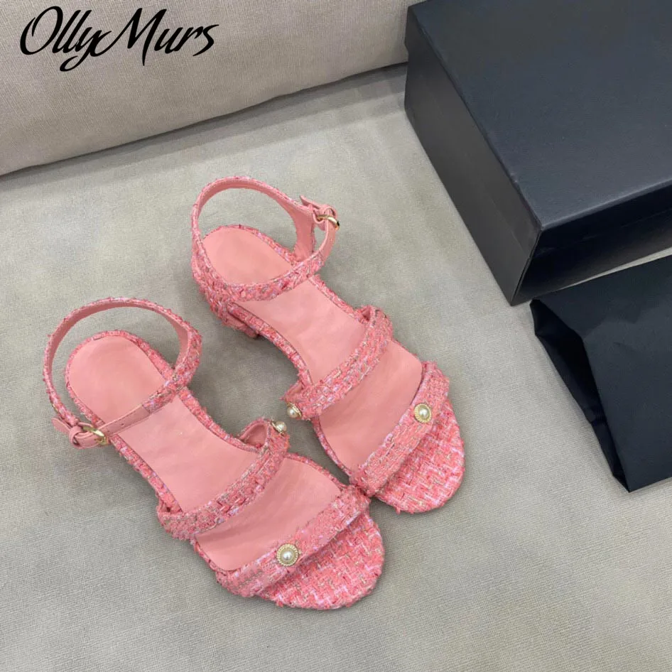 

Prowow New Runway Fashion Genuine Leather Pearl Beading Luxury Brand Sandals Low Heel Vacation Shoes Women Zapatos Mujer