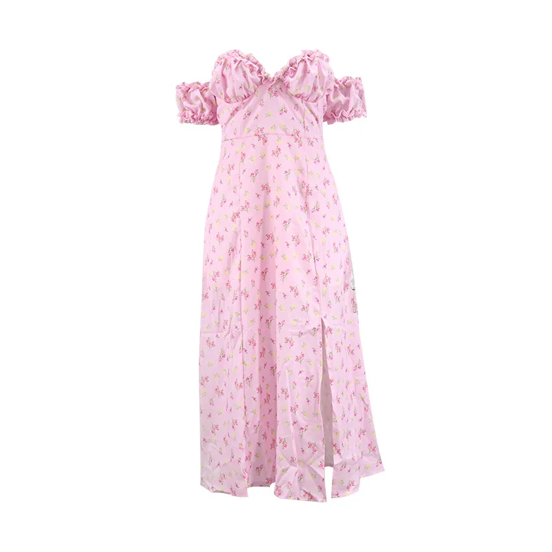 

Nice Quality Woman Dress Sexy Split Floral Printed Strapless Dress Lady Off-the-shoulder Ruffles Street Style Sexy & Club Dress